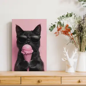 2D flat high-definition canvas wall art—accurate colors, moisture-resistant and wear-resistant, easy installation. Pink background poster featuring a cool black cat enjoying ice cream; sweet-cool cute pet style canvas wall art for room decor, bedroom head