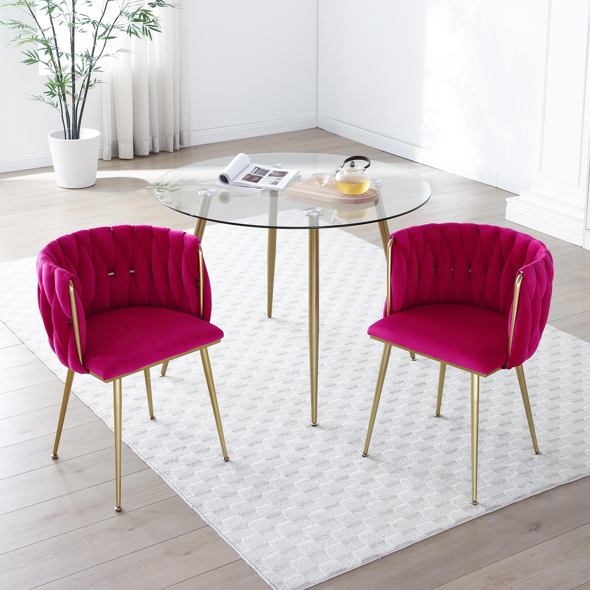 Eyisean 28" H Velvet Modern Dining Chairs Set of 2, Luxury Upholstered Side Chair with Curved Woven Backrest, Durable Accent Chair with Golden Metal Legs, Easy Assembly for Dining Room, Kitchen, Living Room