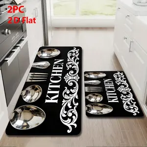 2pcs/3pcs Flannel Kitchen Mat Set, Kitchen Floor Rugs, Base with Silver Color Cutlery, Vintage Scroll Design, Non-Slip, Absorbent