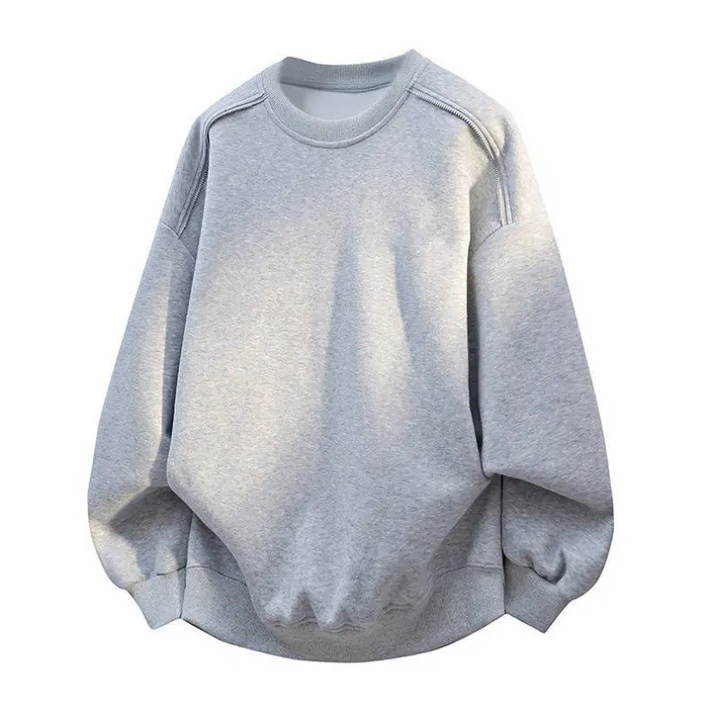 Men’s heavyweight loose-fit sweatshirt for spring and autumn, featuring a zip-front shoulder design; new trendy, versatile casual top for layering and wearing under other garments; stylish solid-color crewneck sweatshirt; relaxed-fit casual pullover. summ