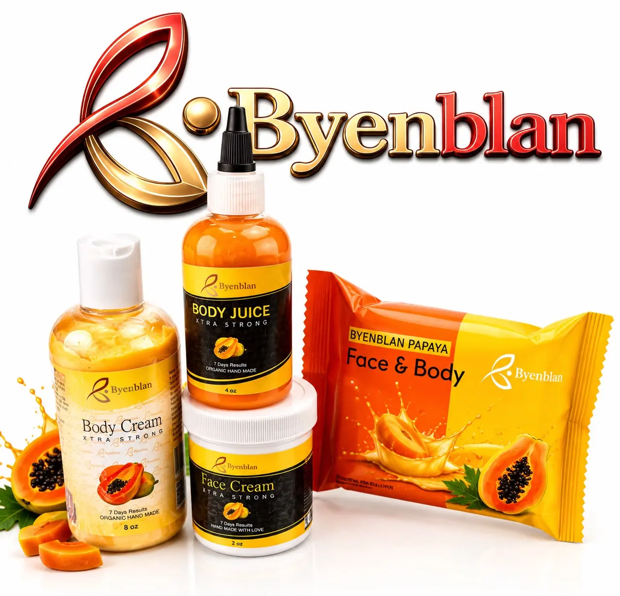 Ansly Boutik, Byenblan Papaya  mini Sets of 4 pcs , Body Cream 8 oz, Body Juice 4 oz, Face Cream 4 oz, Face & Body bar Soap 7 oz
