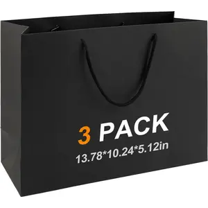 Bags With Handles Paper Gags Medium Bulk For Party Shopping Birthday Wedding (3Pcs Black-35 * 26 * 13cm)