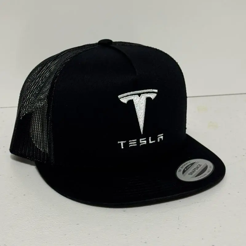 Tesla Embroidered Logo Trucker Hat, Flat Bill Mesh Snapback Cap, Adjustable Baseball Hat, Electric Car Fan Gift, Unisex Hat