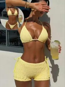 Women's Fashion Bikini Set, Embroidered Fabric Three-Piece Suit for Beach Vacation Pool Party, Casual Style, All Seasons, Bikini Swimsuits