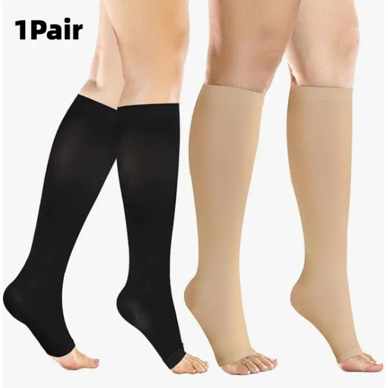 1Pairs 20-30 mmHg Compression Support Socks for Women & Men, Unisex Fit, Black/Skin Color Knee High Open Toe Stockings,  Premium Quality Finish, Durable & Stylish Design, Ideal for Everyday Use, Must-Have,Spring/Summer, Daily Use.