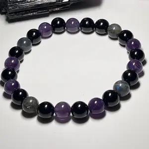 Amethyst, Labradorite, and Black Tourmaline Crystal Healing Bracelet. 8mm 5A Grade Beads. Unisex Stretchy