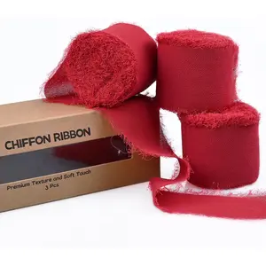 3 Rolls Red Handmade Fringe Chiffon Ribbon 1.5" x 7Yd Silk-Like Ribbon Colorful Rustic Ribbon for Bouquets Wrapping Decor Wedding Tie Invitations Crafts