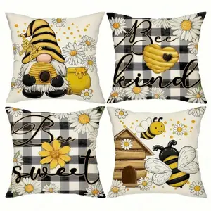 4pcs Farmhouse Sunflower & Gnome Honey Yellow Throw Pillow Covers - 17.7*17.7Inch 2D Flat Cushion Cover, Zipper Closure, Machine Washable, Suitable For  Living Room, Bedroom, Sofa, Patio, Outdoor Decor(No Inserts)