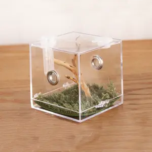crapelles Jumping Spider Micro Big Habitat, 2.6x2.6x2.7 in, Small Pet Insect Breeding Box, 360 Degree High Transparent Reptile Cage, Acrylic Case Mini Carrier for Amphibians, Feeding Container Enclosure Accessories