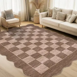Washable Scalloped Living Room Rugs, Checkered Soft Non Slip Area Rug for Bedroom Indoor Modern Low Pile Floor Cover Stain Resistant Large Under Table Carpet for Dining Room Ultra Thin Rug Mat tiktokshopspringglowup