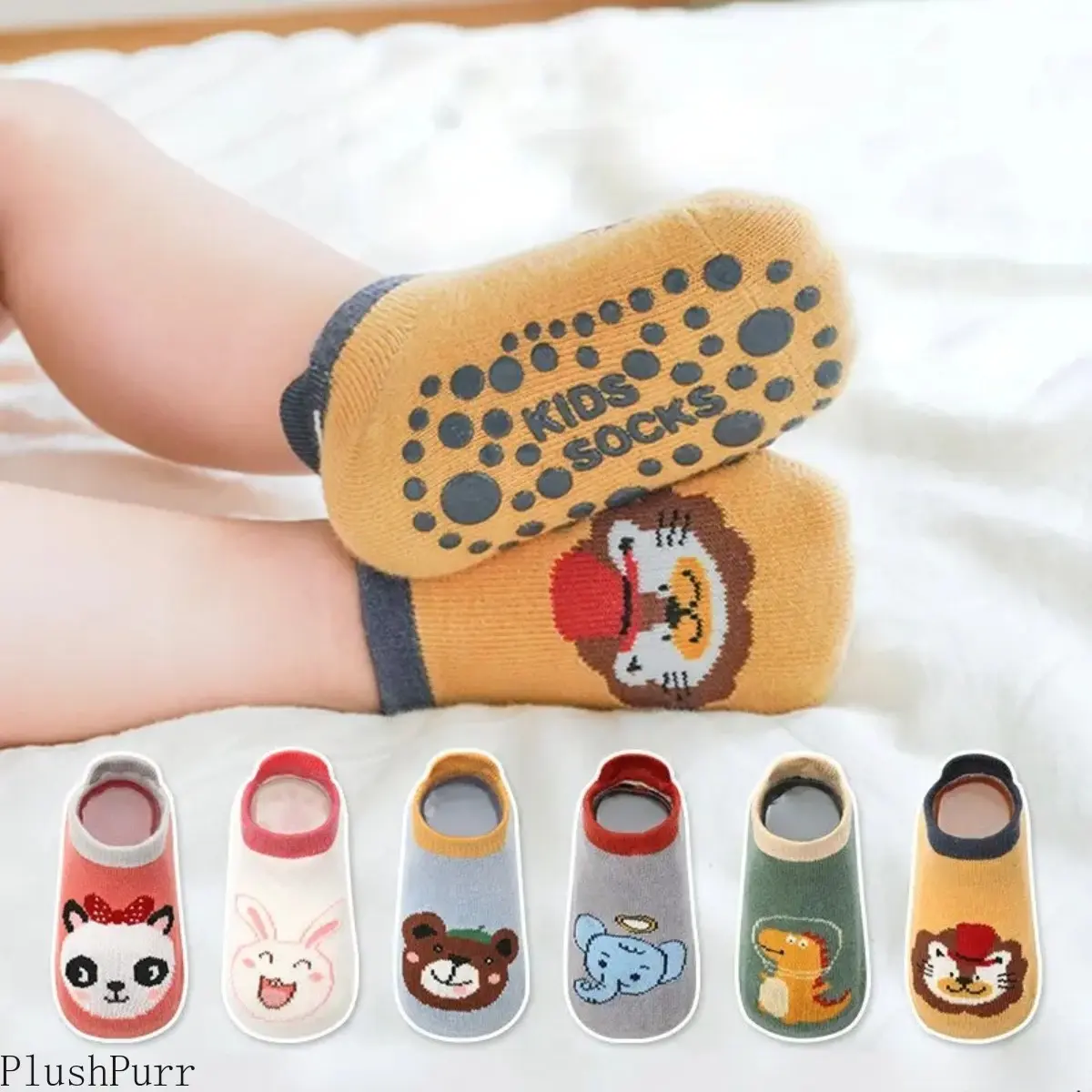 6 Pairs Toddler Socks with Grips, Kids Cotton Floor Socks, Cute Cartoon Animal Pattern, Breathable, Non-Slip, Soft Comfy DIY Bag Accessory, Soft Comfy Socks