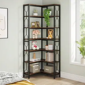 Corner Shelf, 7-Tier Industrial Corner Bookshelf, Wood And Metal Corner Etagere Bookcase, Freestanding Display Shelf For Living Room, Kitchen, Home Office coffee table