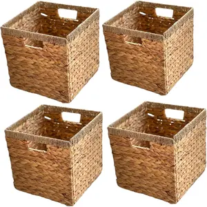 Wicker Storage Cubes 12x12 Set of 4, Heavy Duty Water Hyacinth Baskets for Shelf, Storage Cube Bins, Natural Foldable Square Baskets, Rattan Basket, Ikea Kallax Inserts (Mix Water Hyacinth & Seagrass)