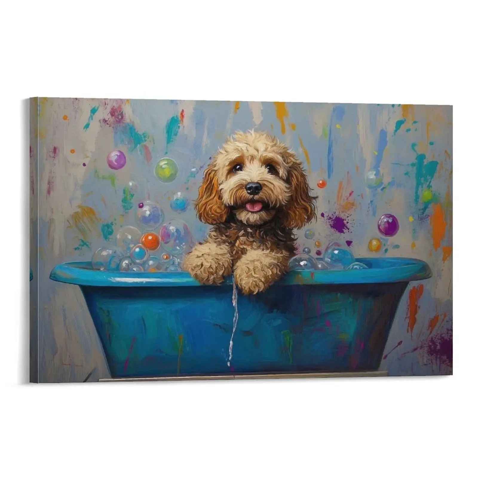 Artistic Funny Golden Doodle Dog Canvas Wall Art - Cute Sitting in Blue Bathtub Graffiti Print, Wood Frame Option, Colorful Animal Poster for Bedroom, Office Home Decoration Supplies