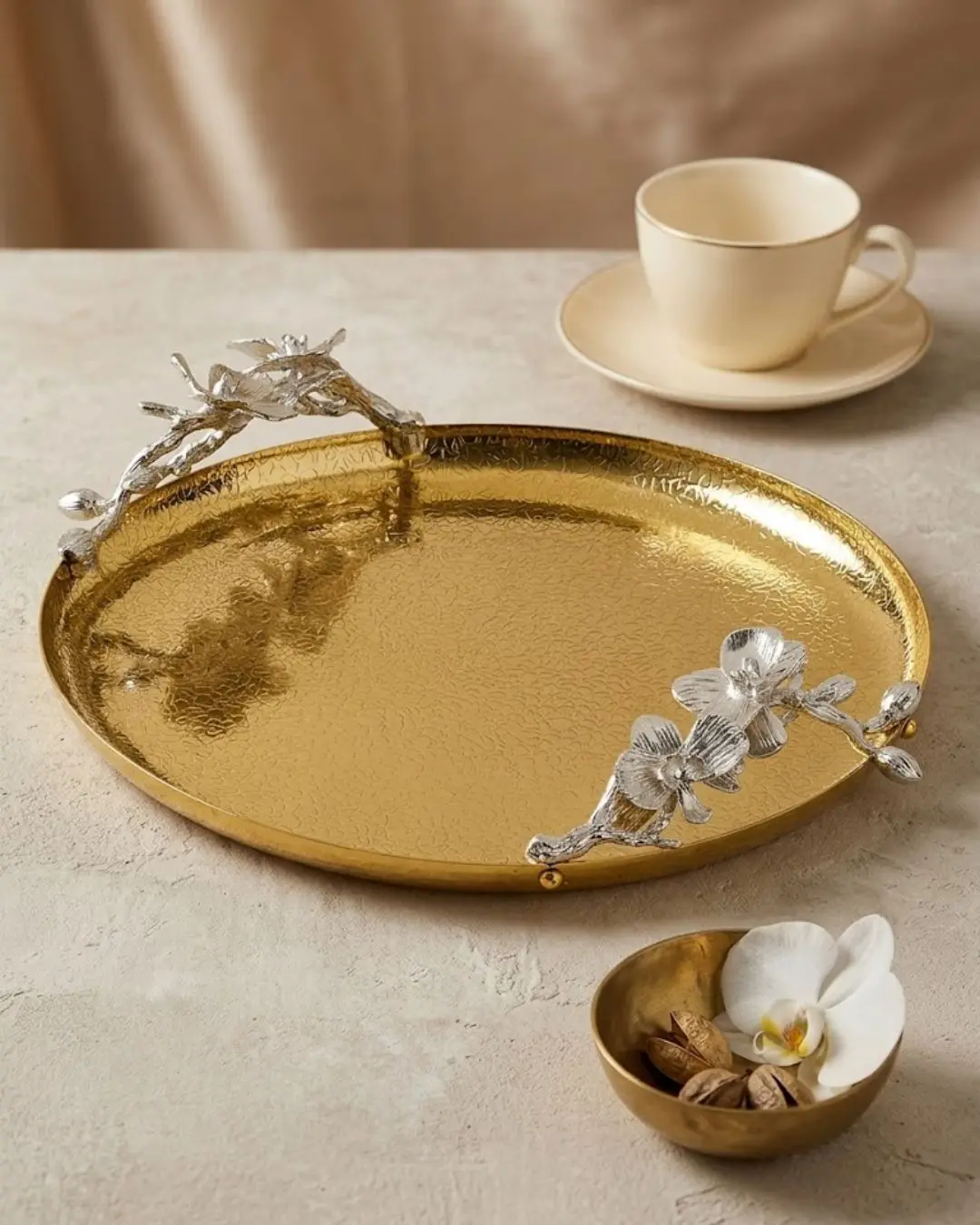 Floral Serving Tray - Vintage Gold & Silver Serving Dish