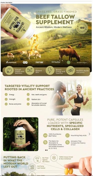 Ancestral Supplements Grass Fed Beef Tallow Capsules 3000mg Nourishing Kidney Fat Supplement Supports Bones Teeth Gums Skin Immune & Overall Health Non GMO 180 Capsules - Dietary