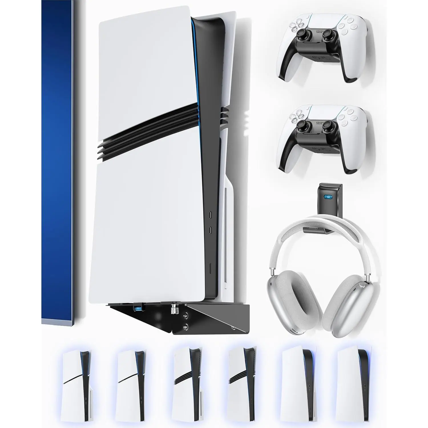 PS5/Slim/Pro Wall Mount with Headset & Controller Holder,  PS5 Metal Shelf Floating Mount, Universal 2 Packs Controller Stand and Headphone Stand,  Accessries for All  5 Console