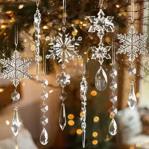 GuassLee 18pcs Crystal Christmas Ornaments Set - Hanging Acrylic Snowflake Icicle Ornaments with Drop Pendants for Winter Wonderland Chandelier Crystals Decorations Supplies Garland Light