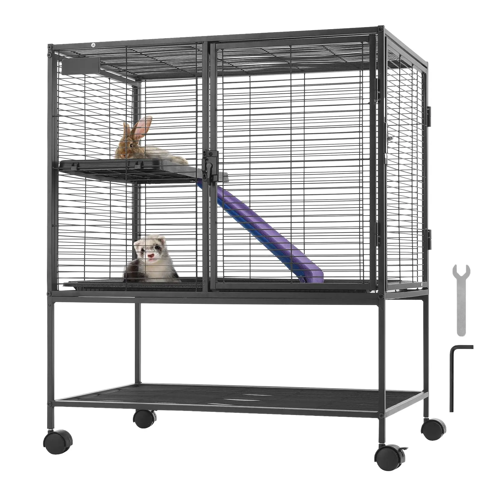 Single Unit Metal Frame Playpen Cage for Rats/Ferrets, Small Animal Habitat with Tool-Free Assembly, Full-Width Doors, Shelf and Removable Base Pan