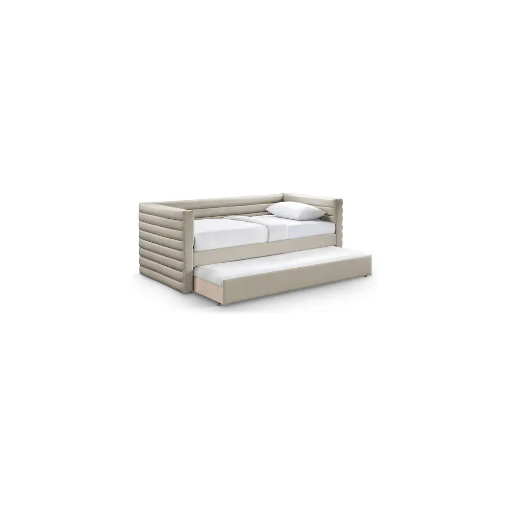 Beverly Beige Vegan Leather Twin Daybed - Channel Tufted Rectangular Indoor Bed with Rolling Trundle for Contemporary Home Decor