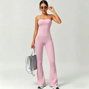 Women's sleeveless quick-dry sports jumpsuit, made of soft spandex-cotton fabric, yoga jumpsuit, fitness jumpsuit, suitable for daily wear, outdoor training and fitness, stylish and versatile wide-leg pants, all-season one-piece sportswear (send a gift)