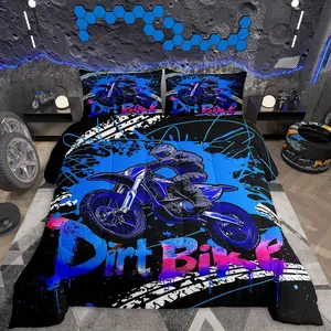 Racing Motocross Rider Kids Bedding Set,Boys Girls ,Extreme Sports Comforter Set,Dirt Bike Ultra Soft Duvet Quilt,Tire Print Comforter Motorcycle Bedroom Decor