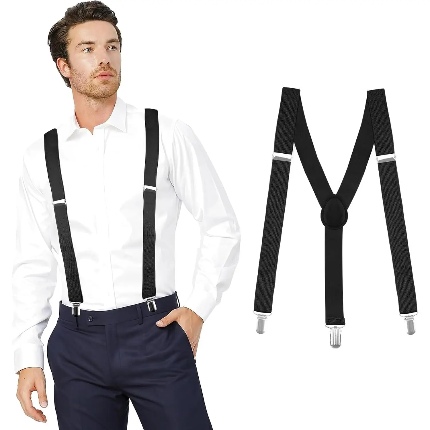 Men's Solid Y-Back Suspenders with Heavy Duty Metal Clips, Adjustable Elastic Straps, Fashion Accessory for Work, Weddings & Formal Events, Event, Accessories, Fit