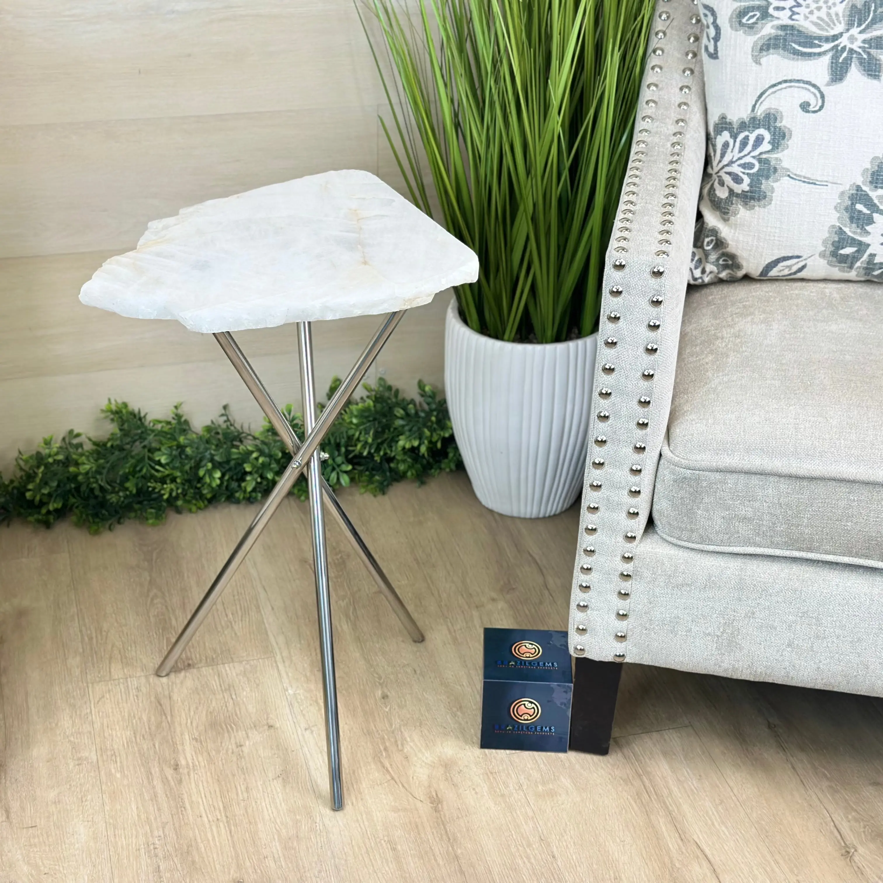 Natural Milky Quartz Side Table on Chrome Metal Base, 23.7" Tall #1341MQ-002
