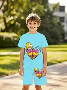 Boys' 3D Short Sleeve Set Light Blue Ice Cream Simpson Scene Print, Casual Two-Piece for Outdoor, Holiday Gift, Birthday Present