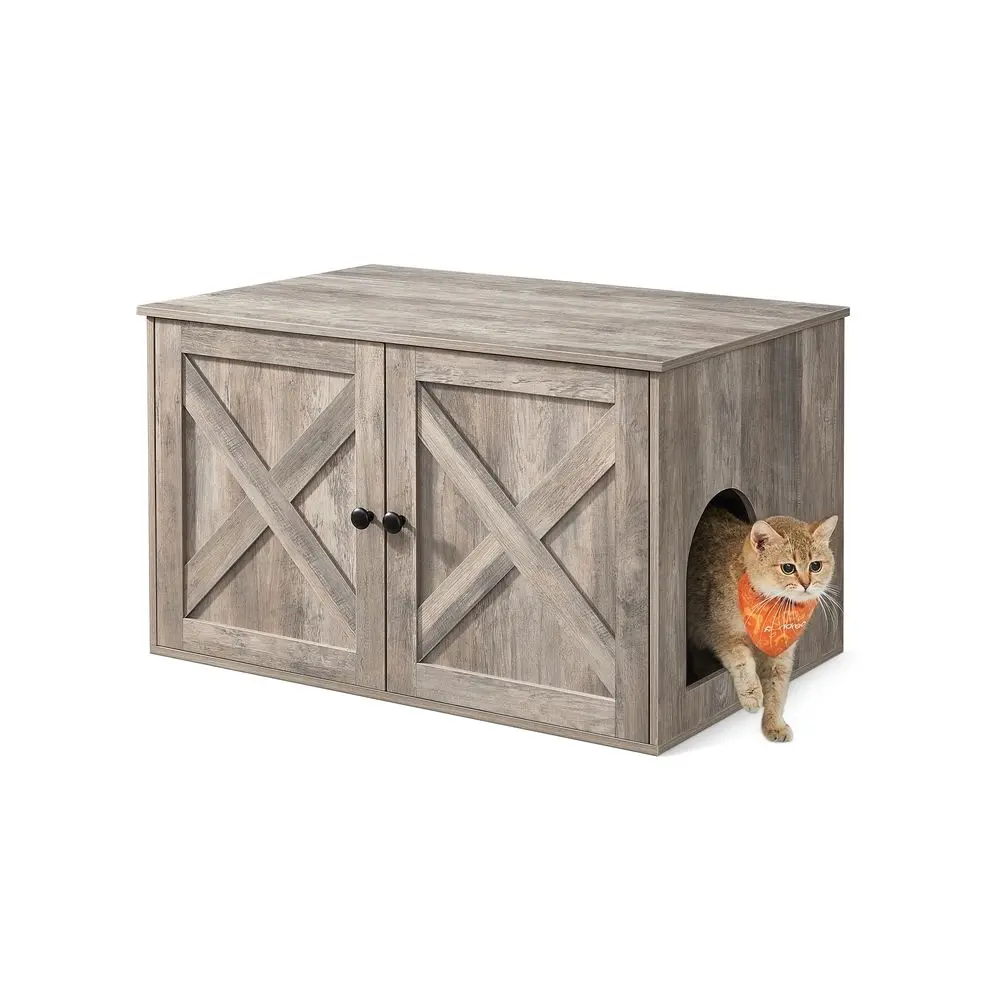 Feandrea Covered Cat Litter Box Enclosure, Rustic Barn Look Farmhouse Style Furniture with Removable Divider, Floor-Friendly Scratch-Resistant Indoor Cat House End Table, 31.5x20.9x19.7in