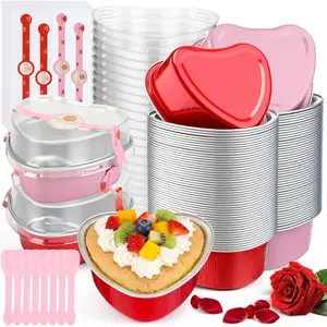 50 Sets 3.4 oz Mini Heart Shaped Cake Pans with ,Spoons and Sealing Stickers,  Foil Small Cupcake Baking Pan Tin Mold for Wedding Mother's Day Valentine Birthday (Red&)