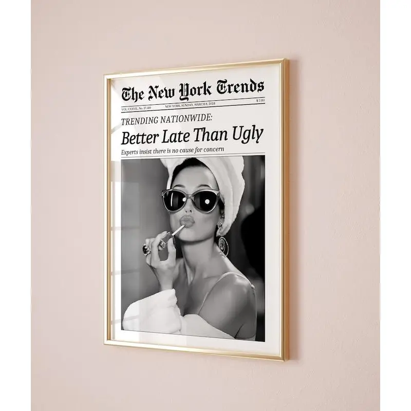 Unframed "Better Late Than Ugly" New York Times Military-Themed Waterproof Newspaper Print Art Poster with Box - Kitchen, Polka Dot, Marble, Houndstooth Unique Room Decor for Bedroom, Nursery