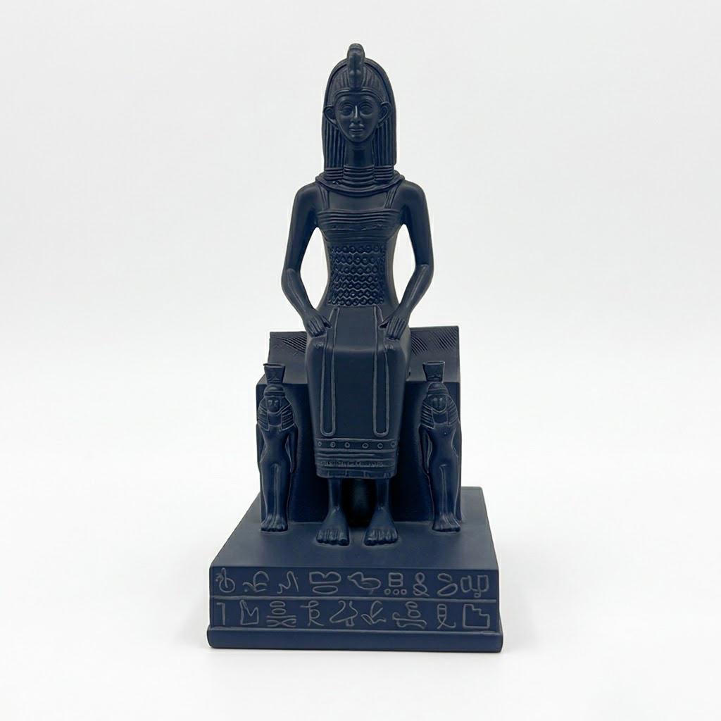 Ancient Egyptian Goddess Isis Seated on Throne Statue - Black Resin Nefertari Queen Sculpture with Hieroglyphic Base | Divine Feminine Home Decor, Spiritual Altar Figurine | Large Mythological Collectible Art Gift