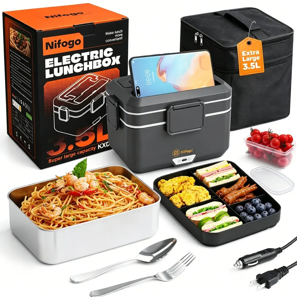 Square Black Leakproof Digital Timing Electric Lunch Box Food Warmer - 1.5/1.8/2.5/3.5L, 80/100W, Portable Thermal Bag for Car Interior Self-Driving Travel (Automotive & Motorcycle Accessory)