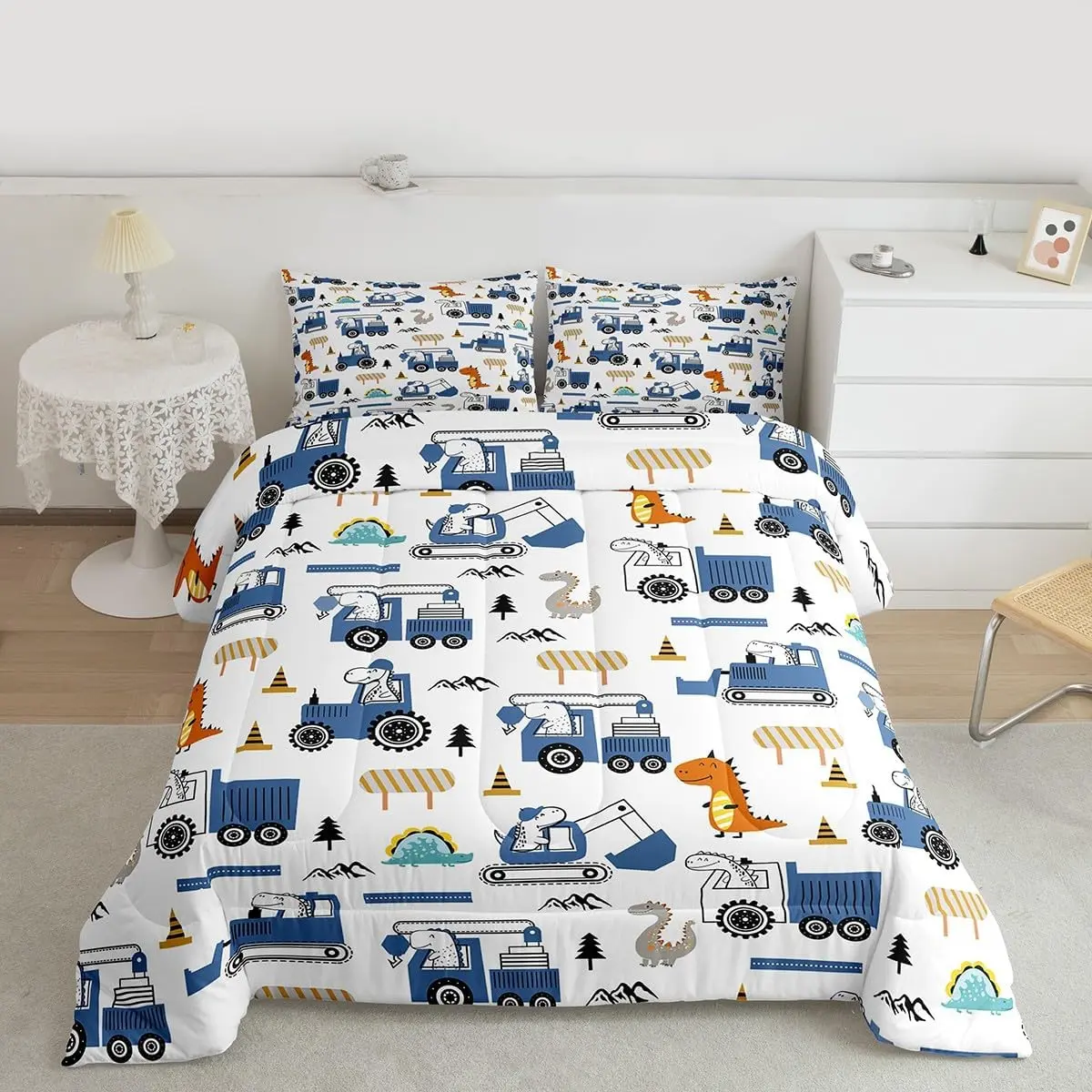Feelyou Kids Construction Dinosaur & Vehicle Print Bedding Set - Children's Twin/Full Comforter, Kids Blanket, Blue Jungle Truck Equipment Duvet Set for Bedroom