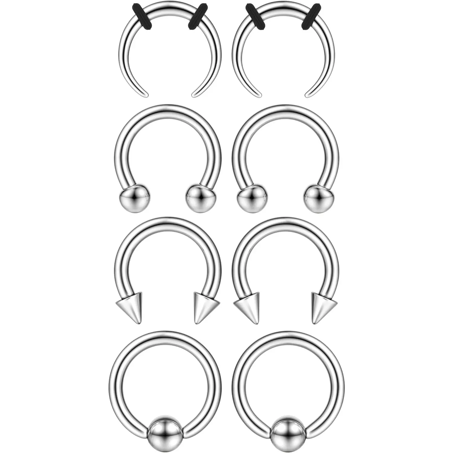 FIASASO Unisex Surgical Steel Septum Stretching Kit - Tapers, Gauge Rings, Pincher, Nose Piercing Jewelry, Silver Black Tone