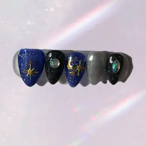 Celestial Press On Nails Midnight Moon Star Dark Blue Black Nails Sparkly Night Sky Set Super Glossy Handmade Full Kit Included with Gold Stars & Crystals