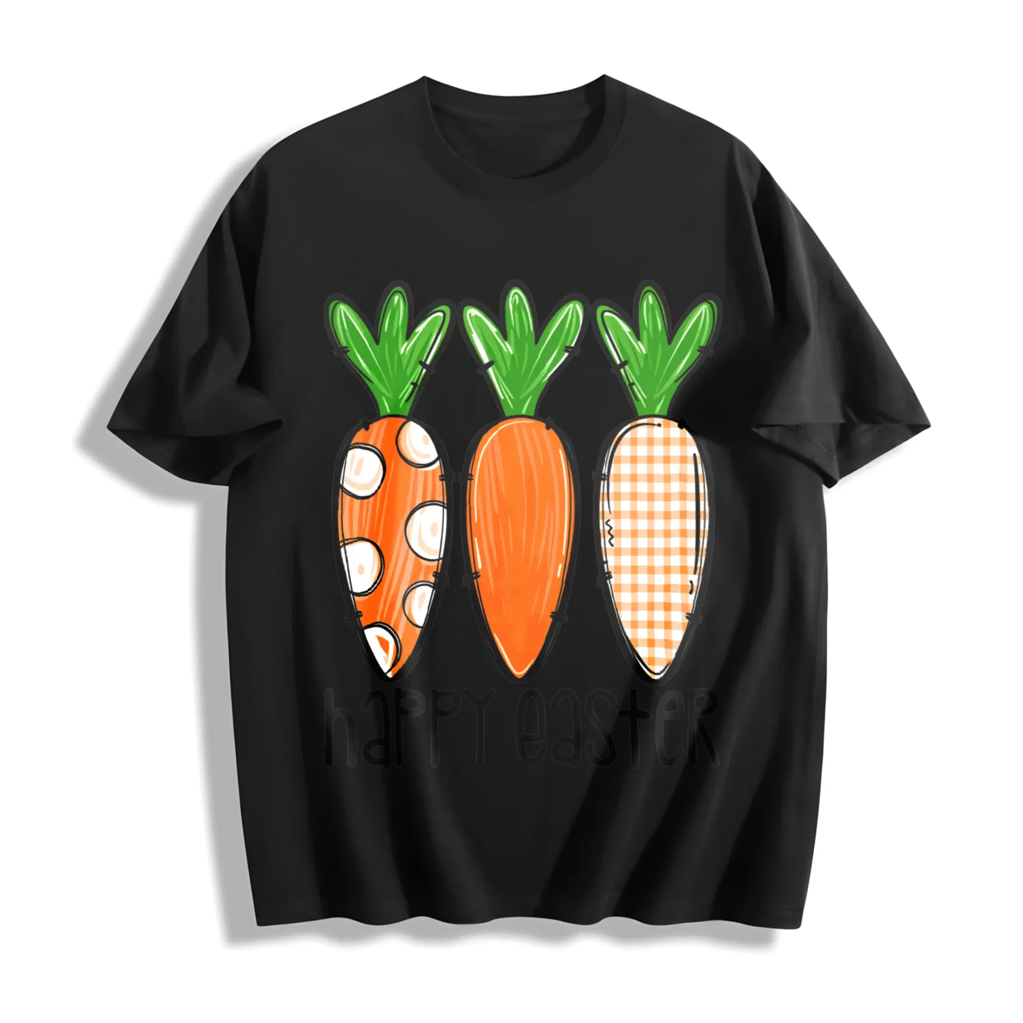 Unisex Streetwear Easter Gift Round Neck Short Sleeve T-Shirt - Cartoon Carrot Patterns, "Happy Easter" Print, Comfortable Soft Fashion Vintage Casual Versatile Sporty Top