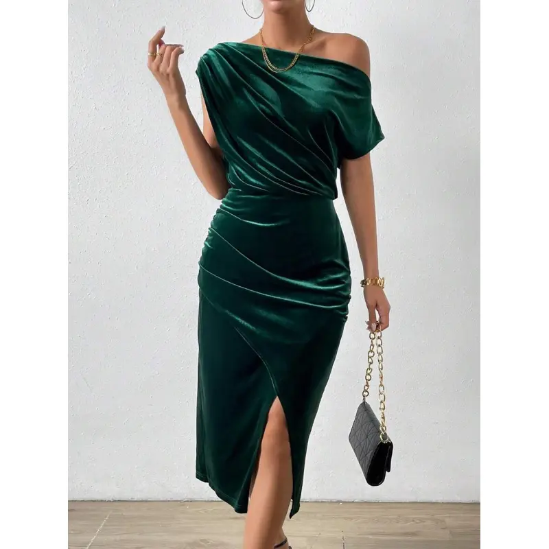 Women's Dark Green Asymmetrical Neck Velvet Dress with Batwing Sleeves High Waist Fitted Midi for Formal & Evening Occasions - TikTok Shop Women's Dark Green Asymmetrical Neck Velvet Dress with Batwing Sleeves High Waist Fitted Midi for Formal & Evening Occasions - TikTok Shop