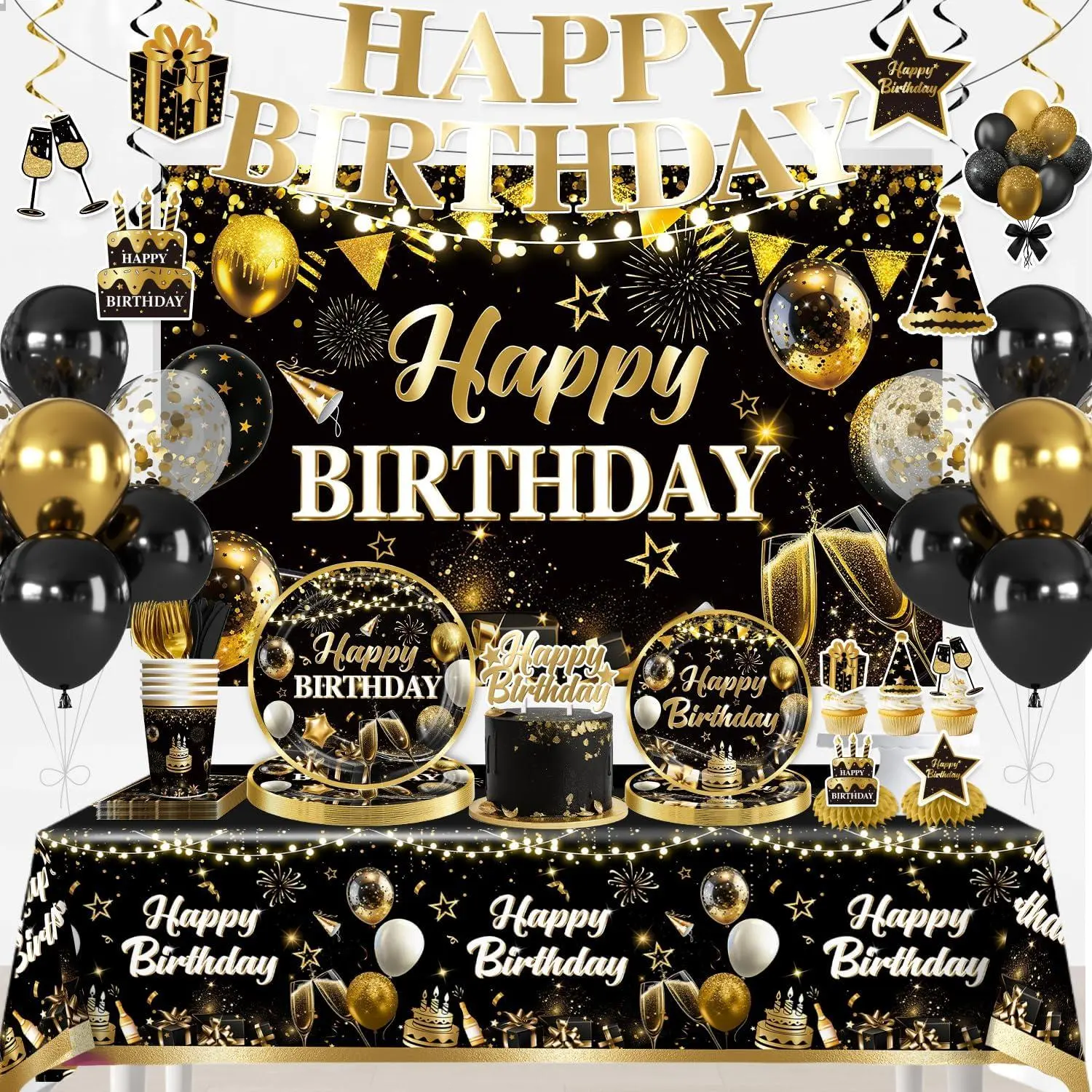 206Pcs Black and Gold Birthday Decorations for Men Complete Party Set, for 25 Guests, Mens Birthday Decorations Gold and Black, with Happy Birthday Banner Backdrop Tablecloth Balloons Plates Yingoto