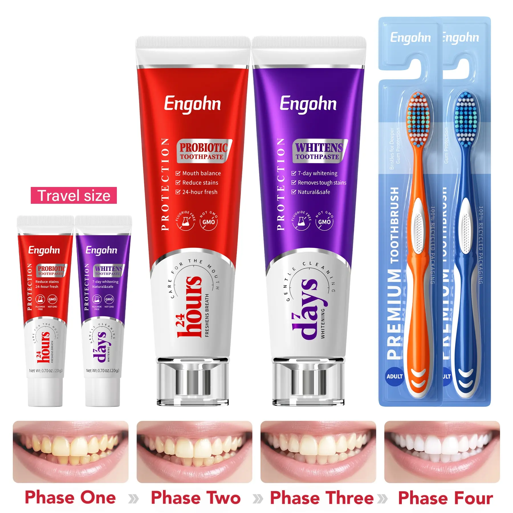 Teeth whitening toothpaste that removes yellowing and coffee stains, leaving your teeth white and beautiful. Includes both family-size and travel-size toothpaste. Provides 24-hour fresh breath with no unpleasant odor . eco friendly pack
