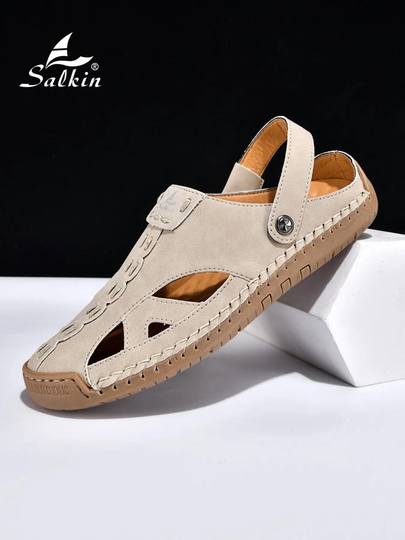 Salkin Men's Summer Beach Sandals, PU Sandals, Fashion Casual Flip Flops, Hand-Stitched Outdoor Hiking Shoes, Simple Mules for Daily Wear and Beach Holidays Footwear, Handcrafted Sandals For Daily Wear