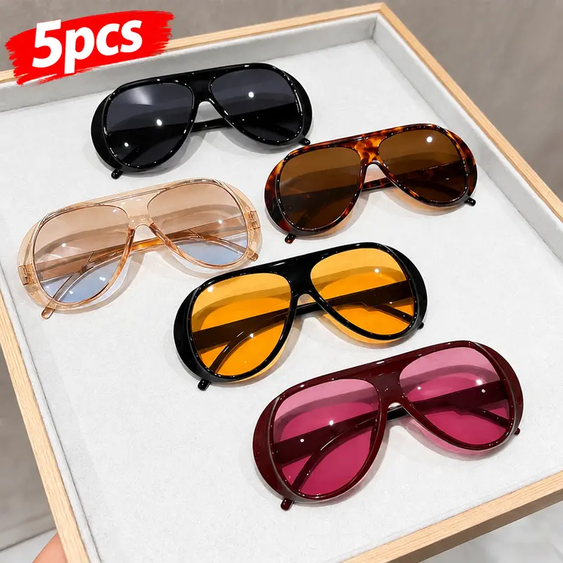 Women's 5-Pair 00s Y2K Polycarbonate Full Rim Aviator Sunglasses - Leopard, Multicolor, UV400, Female Fashion Eyewear - Ideal for Beach Vacations, Driving