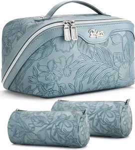 BOYATU Travel Makeup Bags Cosmetic Organizer Bag: 3-Set Large Capacity Make up Bag - PU Leather Toiletry Bags for Women - Wide Open Portable Pouch with Divider & Handle (01-Light Blue)