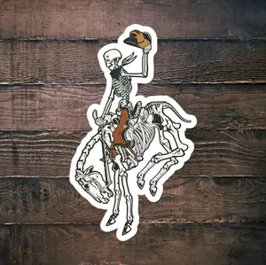 Skeleton Cowboy Riding Skeleton Horse Sticker, Skeleton Rider, Cowboy Skull, Halloween Sticker, Laptop Water Bottle Decal Sticker