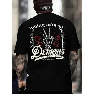 100% Cotton "Vibing with my Demons" Gothic Graphic T-Shirt, Black Short Sleeve Crew Neck Tee, Skeleton Hand & Red Rose Print, Casual Streetwear Top For Men & Women
