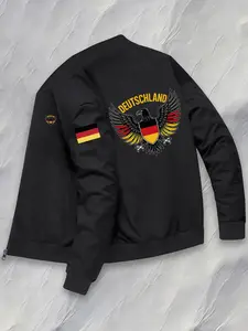 Men's Germany Flag Design Pilot Jacket, Deutschland Lettering & Eagle Emblem, Fitted Full Zip Casual Outerwear, Winter Warm