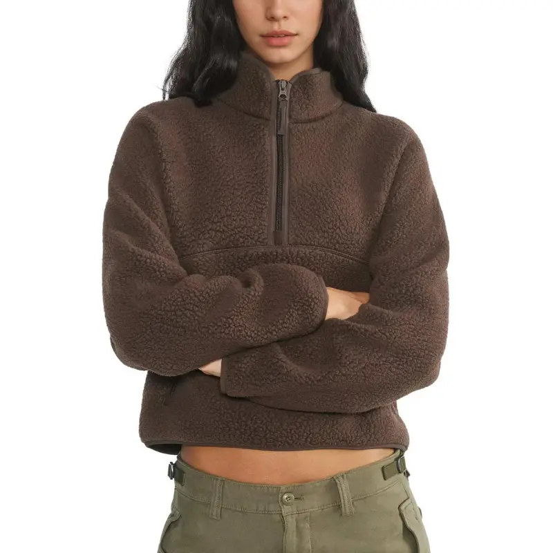 Songling Womens Fleece Sweatshirts Cropped Half Zip Fuzzy Warm Sherpa Pullover Varsity Jackets with Zipper Pockets Fit Casual Breathable Fashion   Loose Light Coats