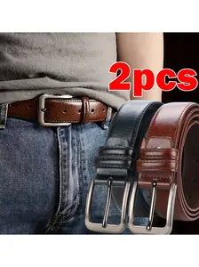 Men's Faux Leather Belts Set of 2, Vintage Texture, Polished Metal Buckle, Adjustable Size, &, Office/daily Casual Style, Casual Business Belt