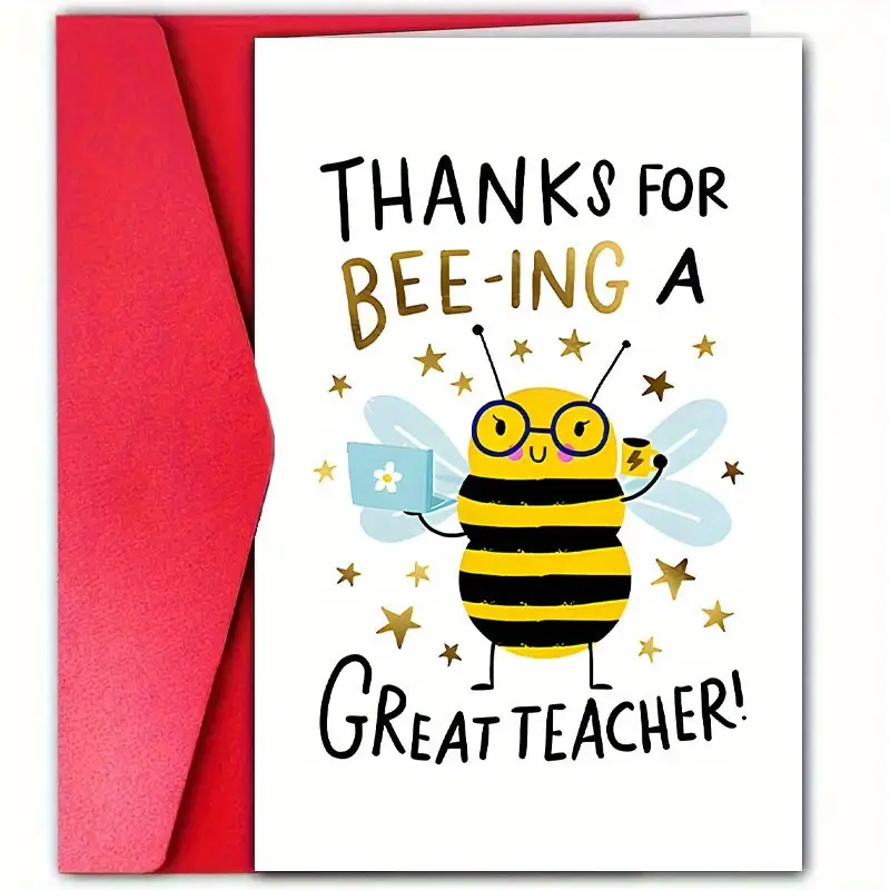 1pc-Heartfelt-Great-Teacher-Thank-You-Card-with-Envelope---Cute-Bee-Design-with-Golden-Glitter-Accents.-Perfect-for-Teachers.-Tutors.-Coaches---Express-Deep-Appreciation-from-Students-